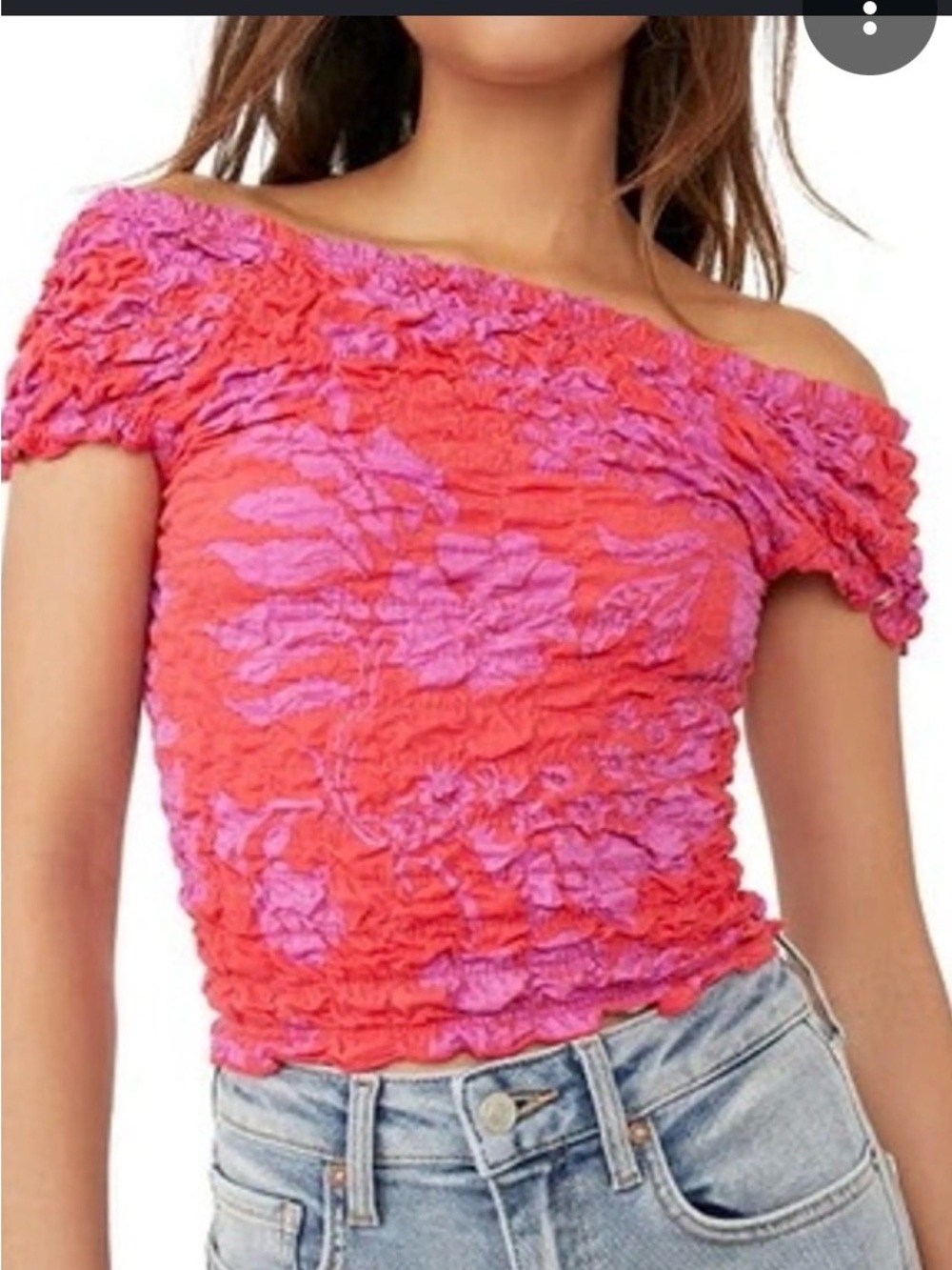 Free People Red & Purple Smocked Off-Shoulder Crop Top